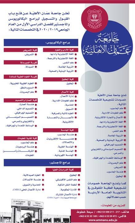 جامعة عمان الأهلية تعلن عن فتح باب القبول والتسجيل لبرامج البكالوريوس والماجستير