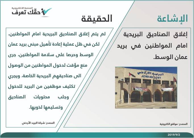 الإشاعة: إغلاق الصناديق البريدية امام المواطنين في بريد عمان الوسط‎