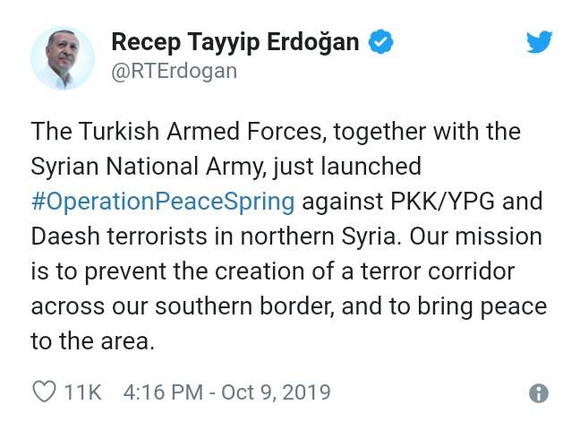 الرئيس التركي يعلن عبر تغريدة بدء أول عملية للجيش التركي شمال سوريا 