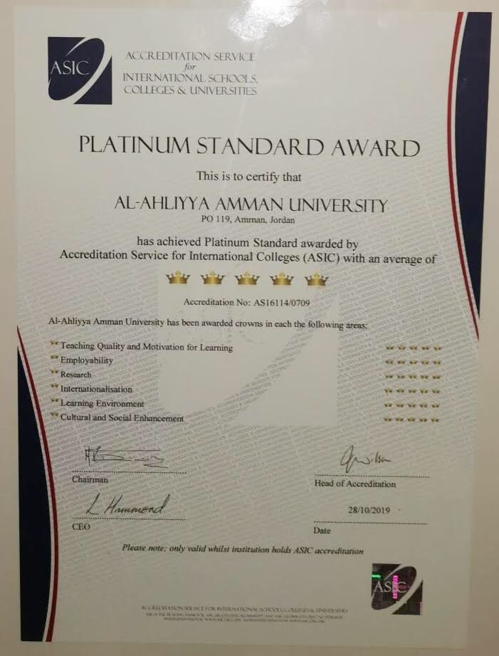 عمان الأهلية أول جامعة في الشرق الأوسط تحصل على التيجان البلاتينية الخمس من منظمة ASIC البريطانية للاعتماد الدولي