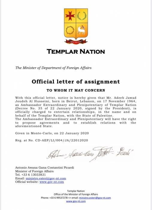 تعين السيد اديب جودة الحسيني سفيراً فوق العادة لهيكلية الامم ( TEMPLAR NATION ) في فلسطين .