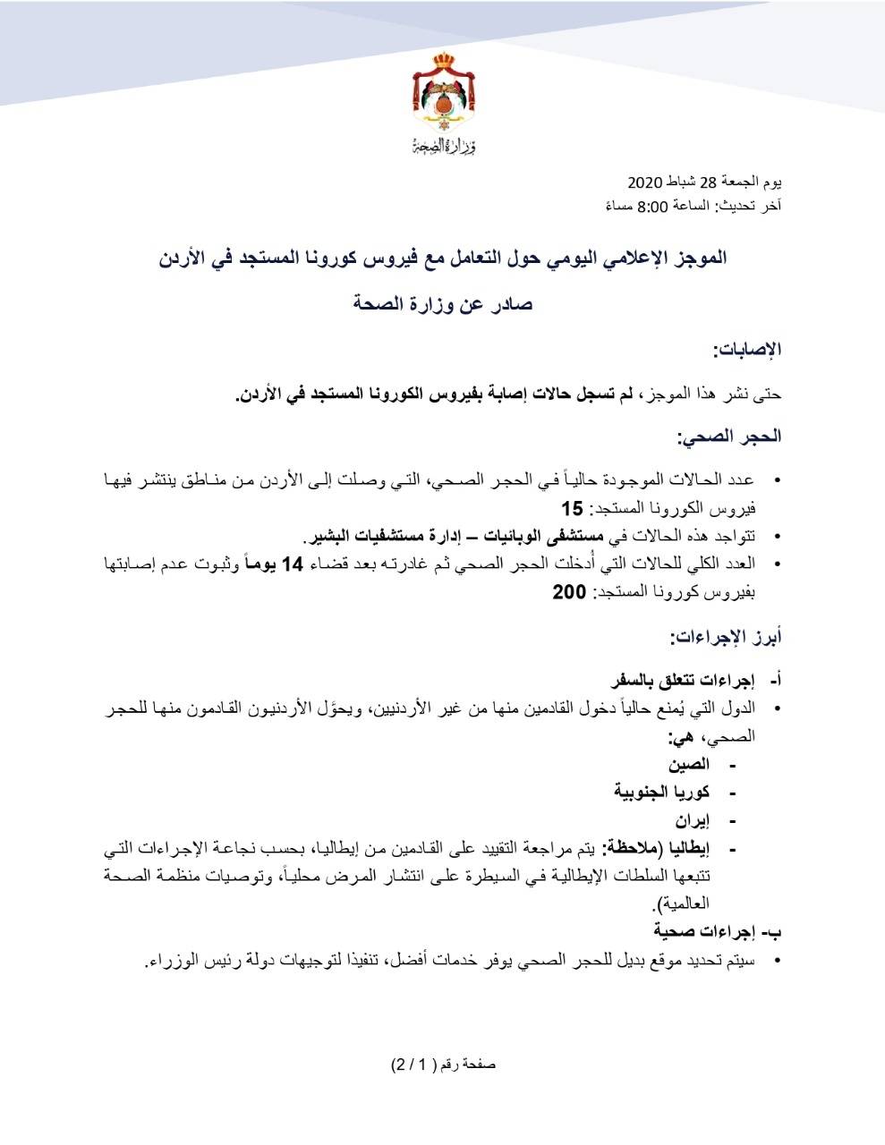 الموجز الإعلامي اليومي حول التعامل مع فيروس كورونا في الأردن .. الجمعة
