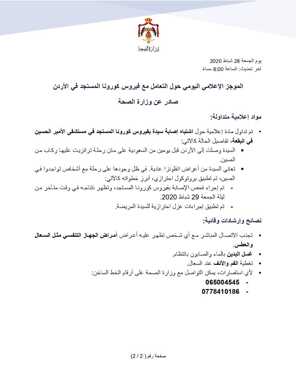 الموجز الإعلامي اليومي حول التعامل مع فيروس كورونا في الأردن .. الجمعة