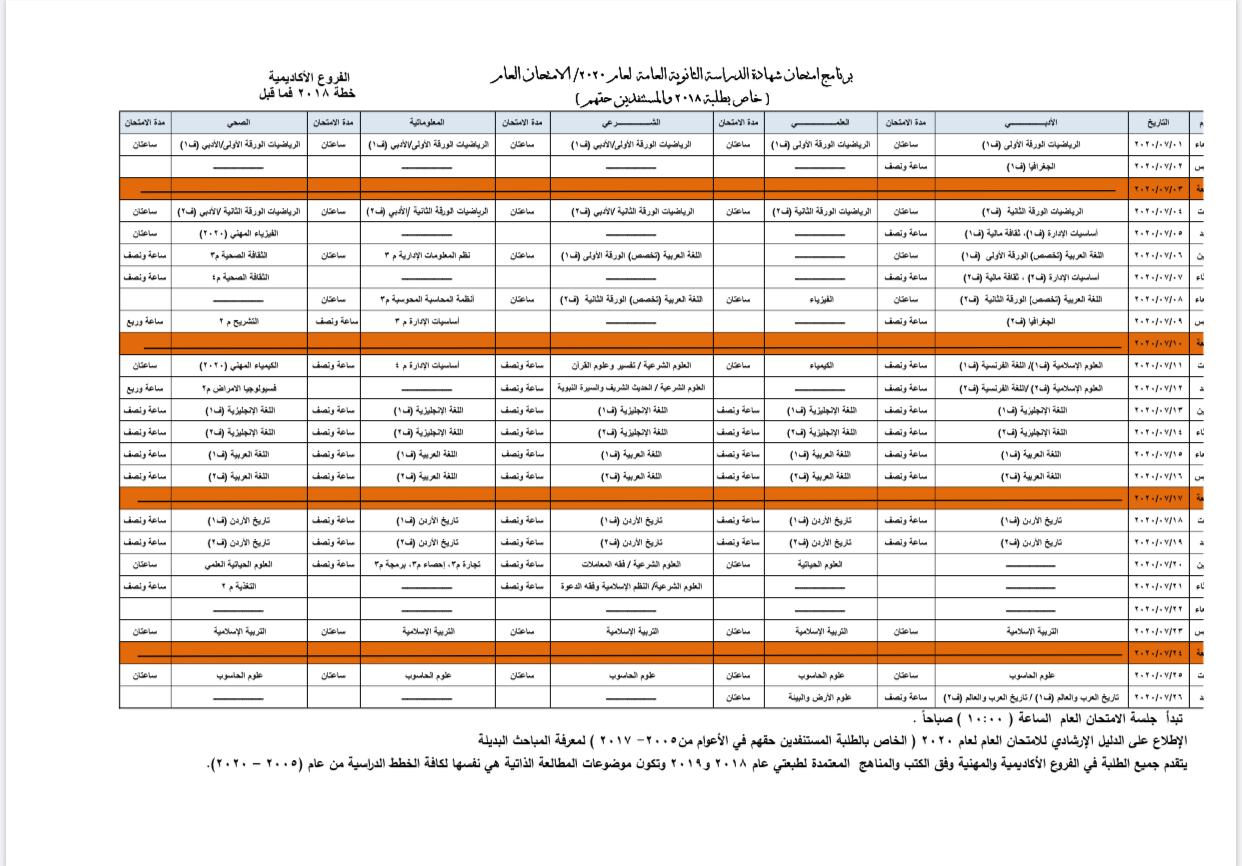 وزارة التربية والتعليم تعلن برنامج امتحان الثانوية العامة لعام 2020