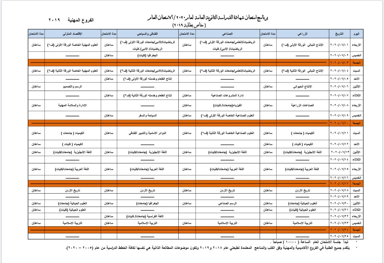 وزارة التربية والتعليم تعلن برنامج امتحان الثانوية العامة لعام 2020