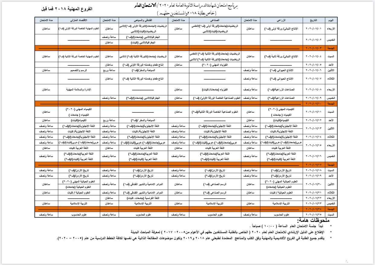 وزارة التربية والتعليم تعلن برنامج امتحان الثانوية العامة لعام 2020