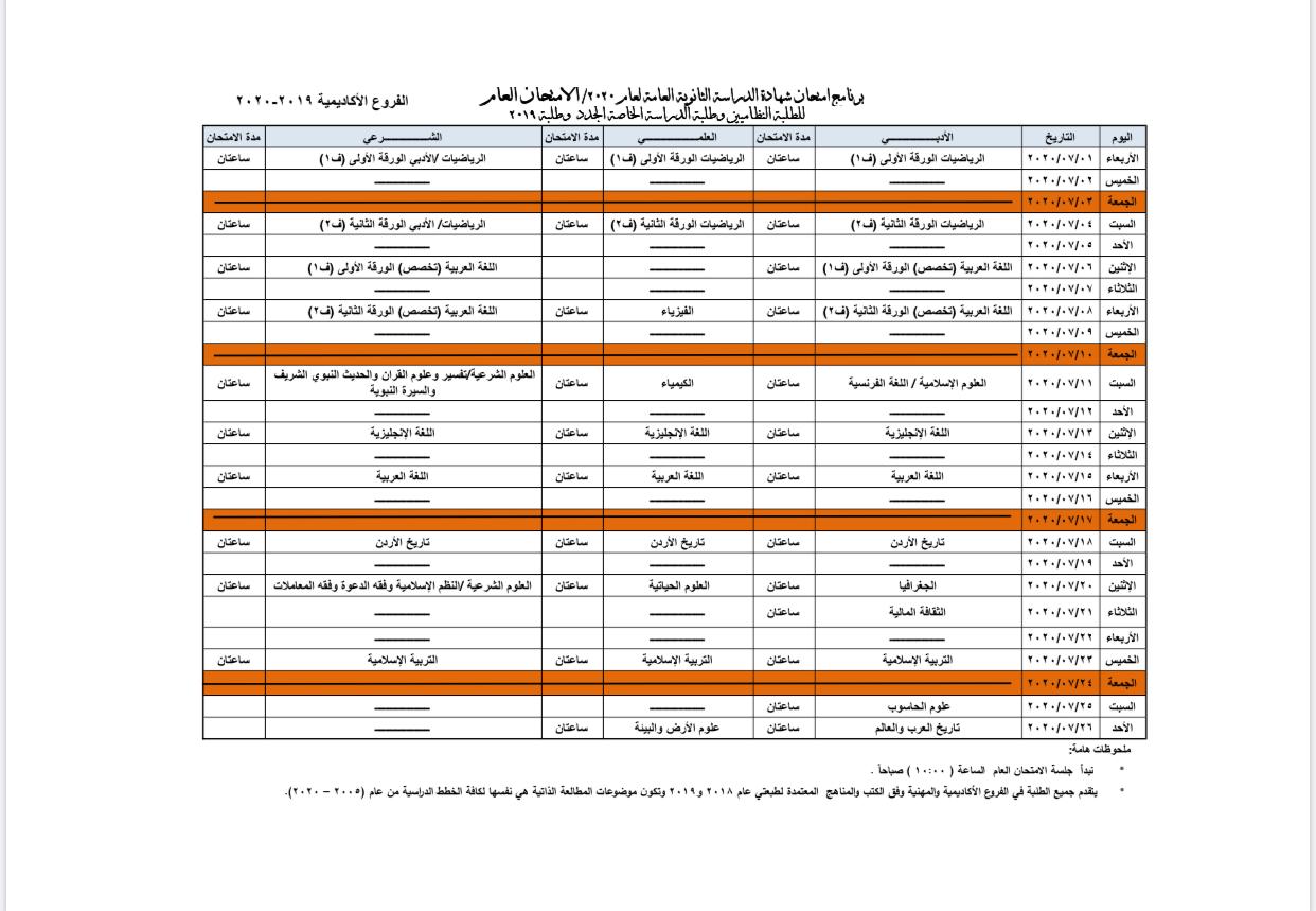 وزارة التربية والتعليم تعلن برنامج امتحان الثانوية العامة لعام 2020