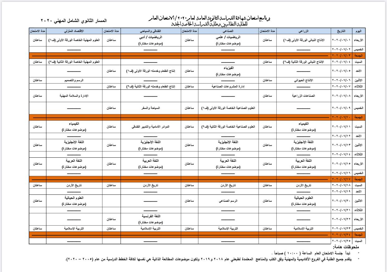 وزارة التربية والتعليم تعلن برنامج امتحان الثانوية العامة لعام 2020