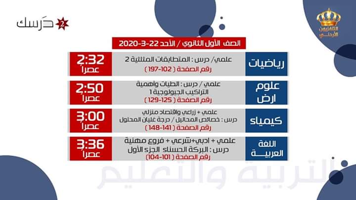 جدول بث المواد التعليمية ليوم الأحد 22 آذار على قناة درسك 2