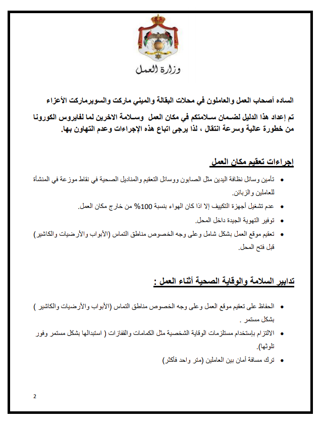 إجراءات العمل لتدابير السلامة والوقاية الصحية 1 (محلات البقالة والمبني ماركت والسوبر ماركت) 