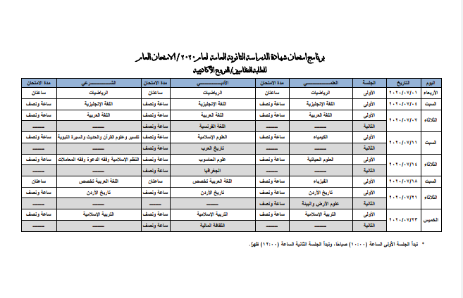 التربية تعلن برنامج امتحان الثانوية (المعدل) والمعتمد للطلبة النظاميين وطلبة الدراسة الخاصة