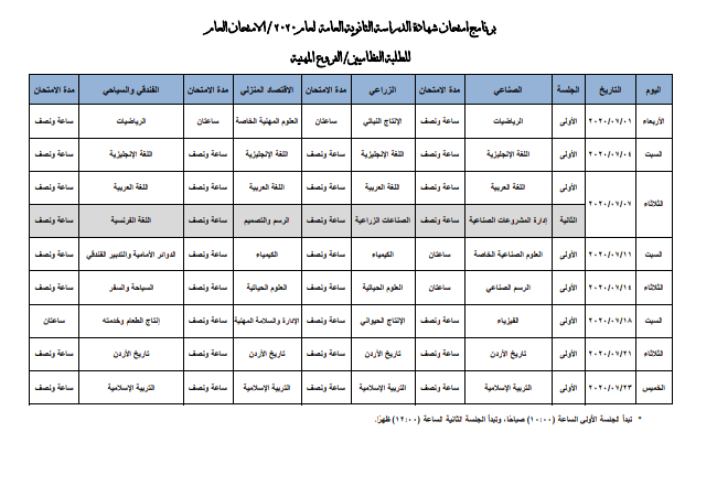 التربية تعلن برنامج امتحان الثانوية (المعدل) والمعتمد للطلبة النظاميين وطلبة الدراسة الخاصة