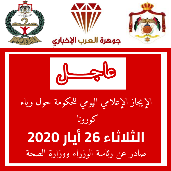الموجز الإعلامي الثلاثاء 26 أيار : تسجيل 7 إصابات جديدة بفيروس كورونا في الأردن