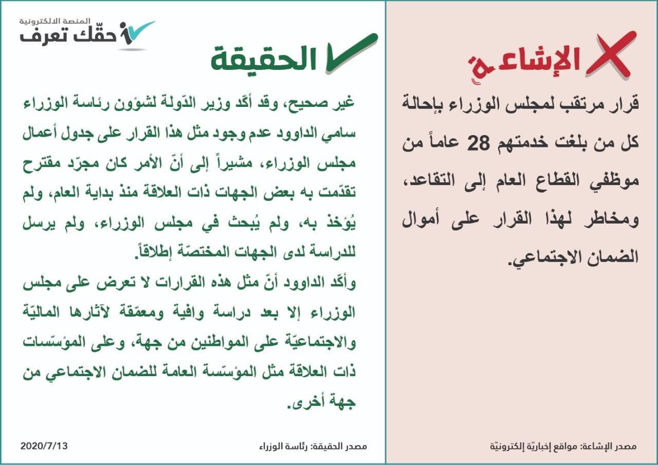 حقك تعرف : لا قرار لمجلس الوزراء بإحالة من بلغت خدمتهم 28 عاماً في القطاع العام إلى التقاعد