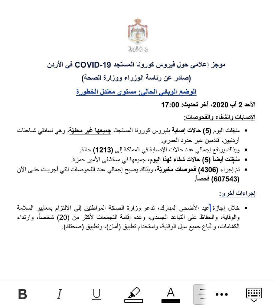 تسجيل (5) حالات إصابة بفيروس كورونا المستجدّ، جميعها غير محليّة