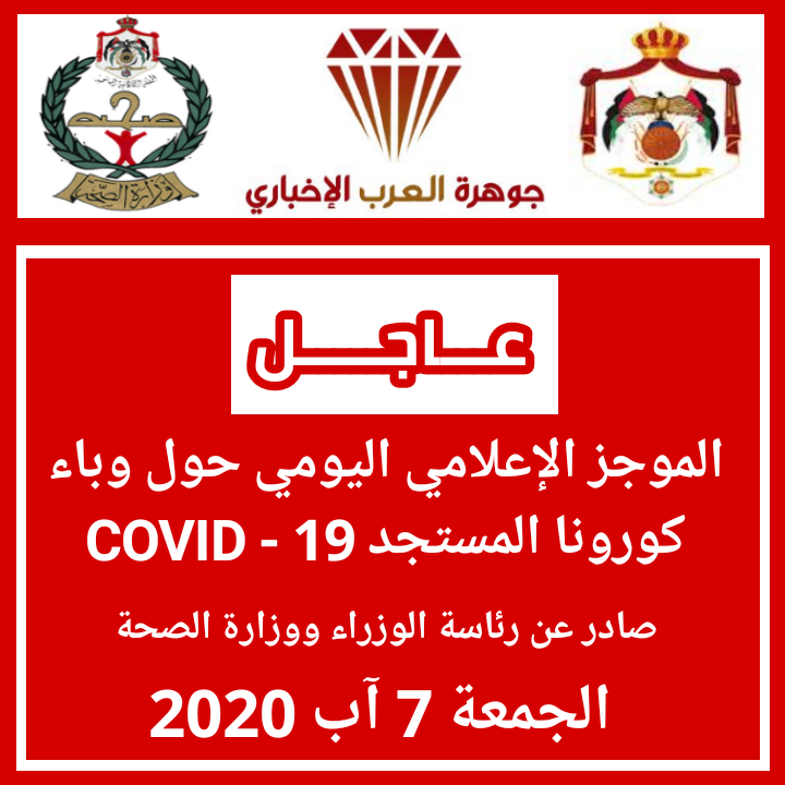 الموجز الإعلامي الجمعة 7 آب : تسجيل ( 5 ) إصابات جديدة بفيروس كورونا في الأردن