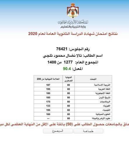الزميل محمد ابو الهيجاء يهنئ ابنة شقيقته تالا نضال ثلجي بنجاحها في الثانوية العامة