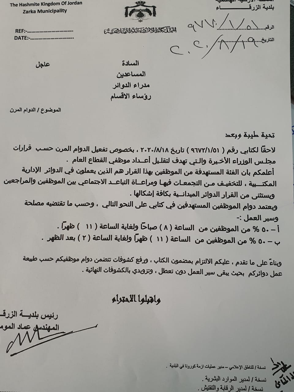 رئيس بلدية الزرقاء يقرر تفعيل الدوام المرن في دوائر البلدية الادارية المكتبية