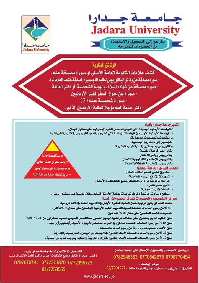 جامعة جدارا تطلق خصومات تشجيعية لطلبة التوجيهي شعورًا منها  بالوضع الاقتصادي في ظل جائحة كورونا