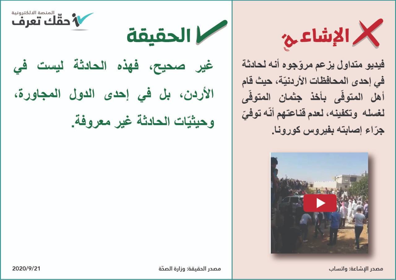 وزارة الصحة : ‏الفيديو المتداول لقيام أشخاص بأخذ جثمان أحد المتوفّين بفيروس كورونا ليس في الأردن