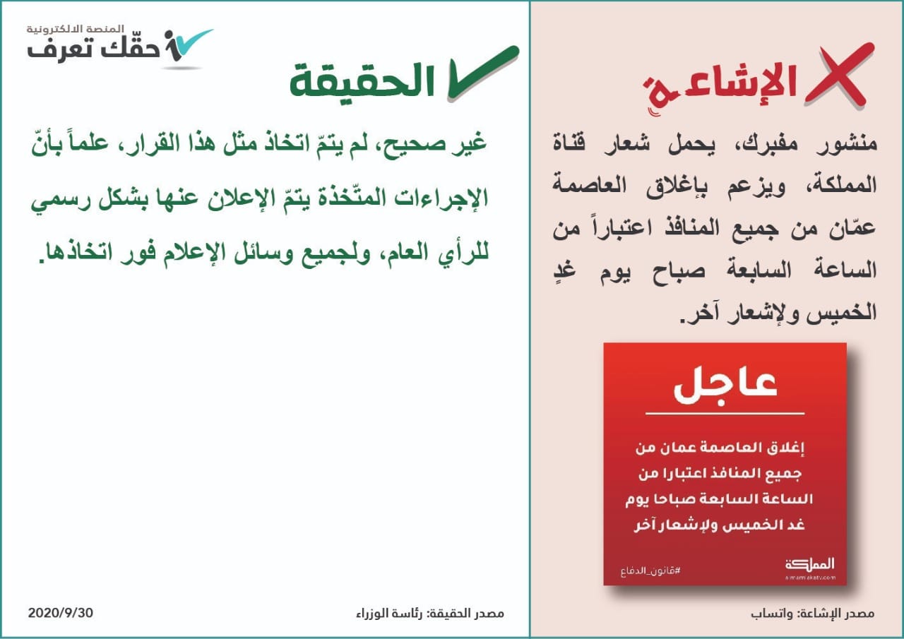 رئاسة الوزراء تنفي صحة المنشور المتداول حول اغلاق العاصمة عمان إعتبارا من صباح يوم غد 