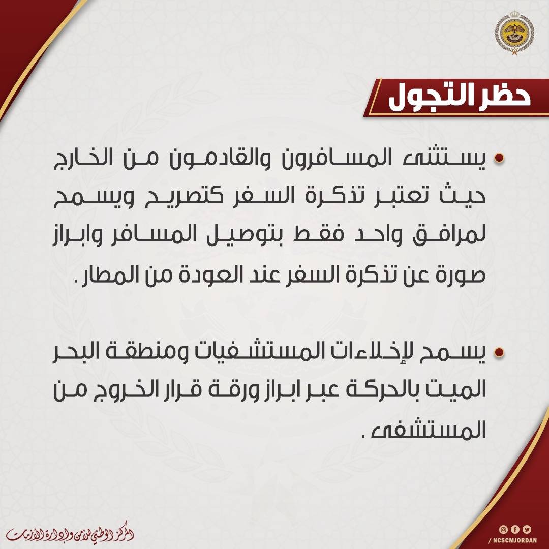 ابرز استثناءات الحظر الشامل الذي يبدأ تنفيذه اعتباراً من الساعة الواحدة بعد منتصف ليلة الجمعة ويستمر لمدّة 48 ساعة