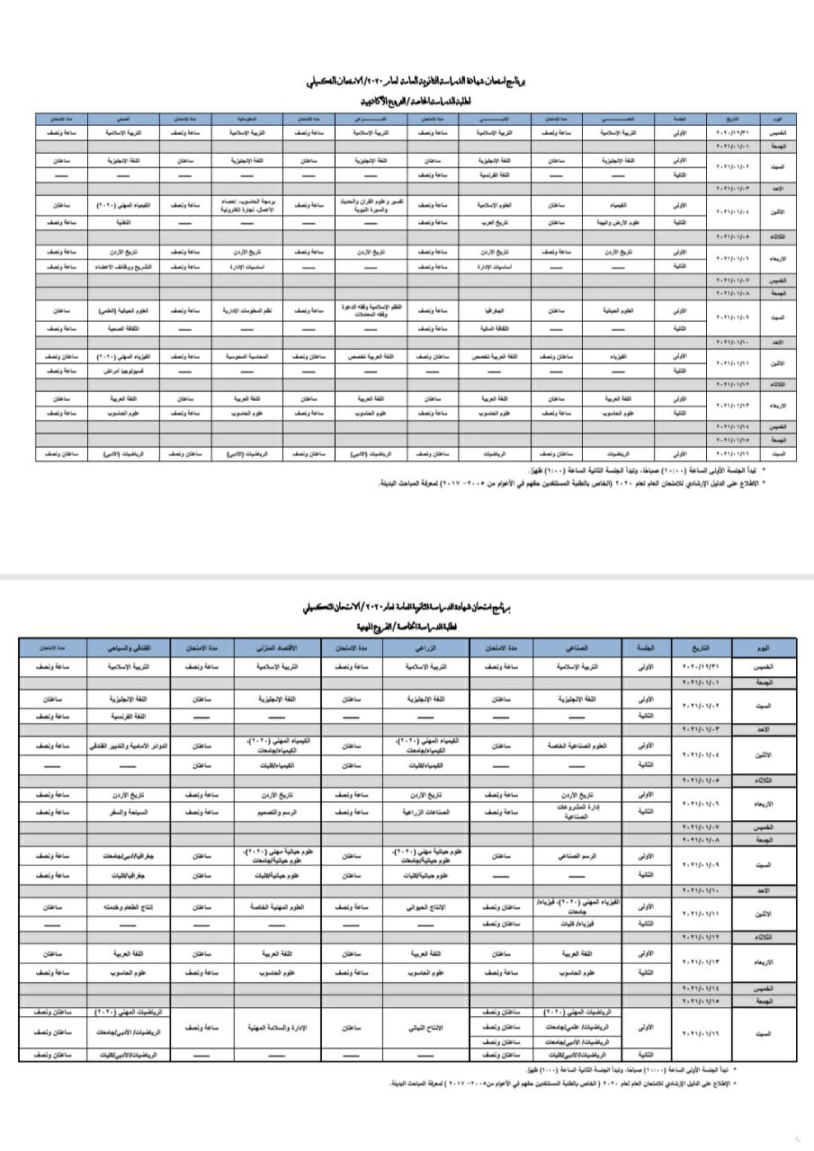 وزارة التربية والتعليم تعلن برنامج الامتحان التكميلي لعام ٢٠٢٠ للفروع الأكاديمية والمهنية