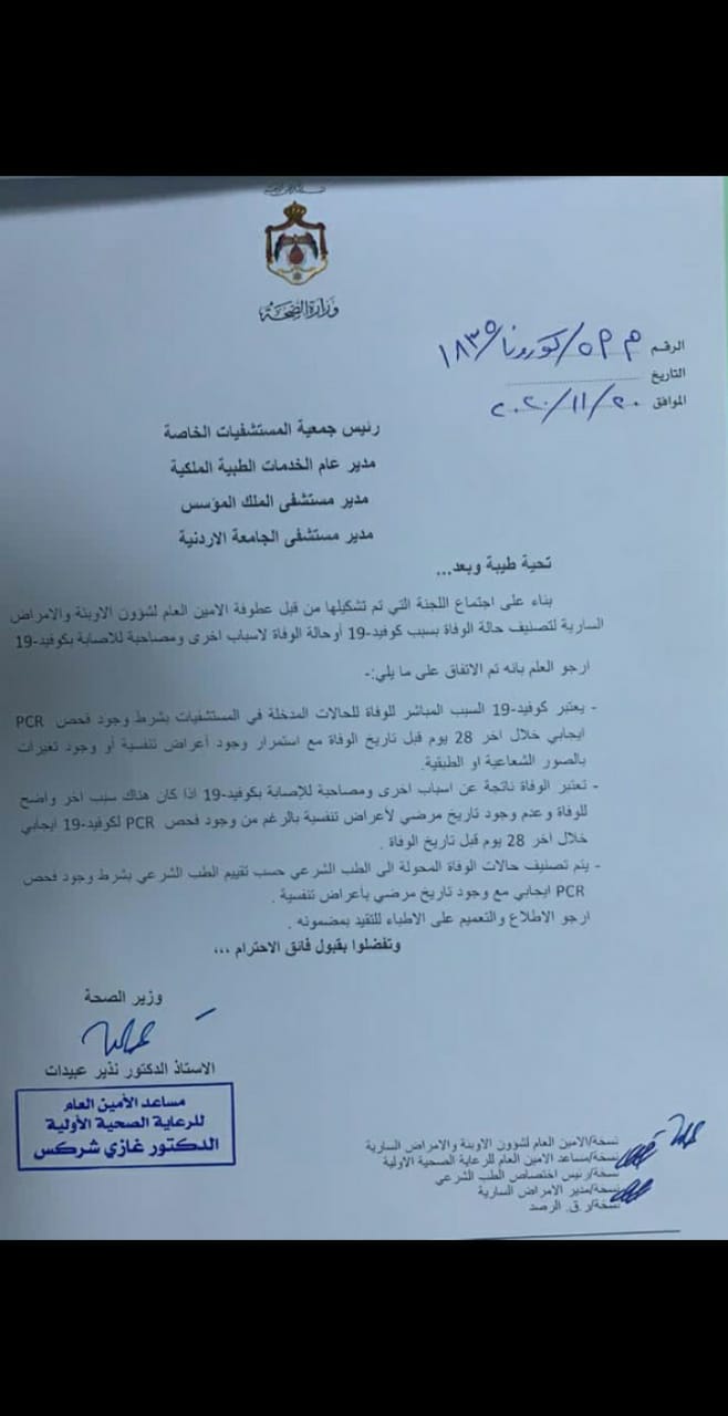 الصحة : اعتبار فيروس كورونا سببا مباشرا للوفاة للحالات المدخلة في المستشفيات بشرط وجود فحص PCR ايجابي