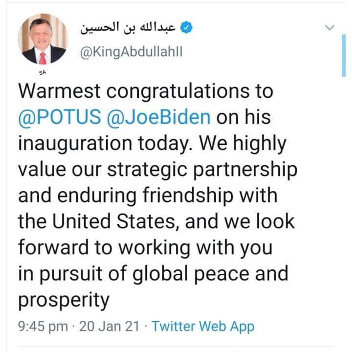 الملك مهنئا ⁧‫بايدن‬⁩ : نقدر عاليا شراكتنا الاستراتيجية .. وصداقتنا الدائمة مع الولايات المتحدة