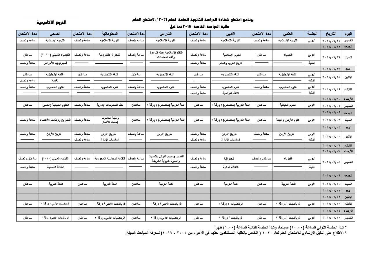 برنامج امتحان شهادة الثانويه العامه لعام 2021 بصورته النهائيه