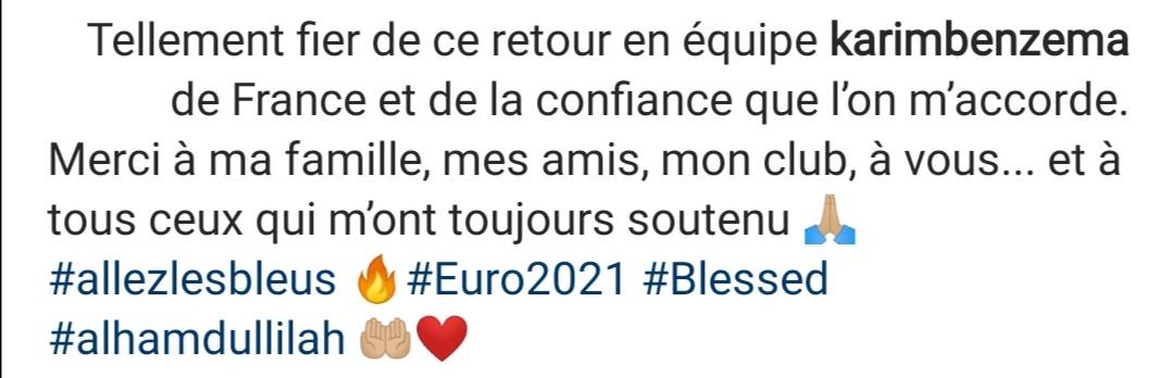 بعد عودته لتشكيلة منتخب الديوك .. كريم بنزيما : فخور بالعودة واشكر ناديي وعائلتي وأصدقائي .. الحمدلله 