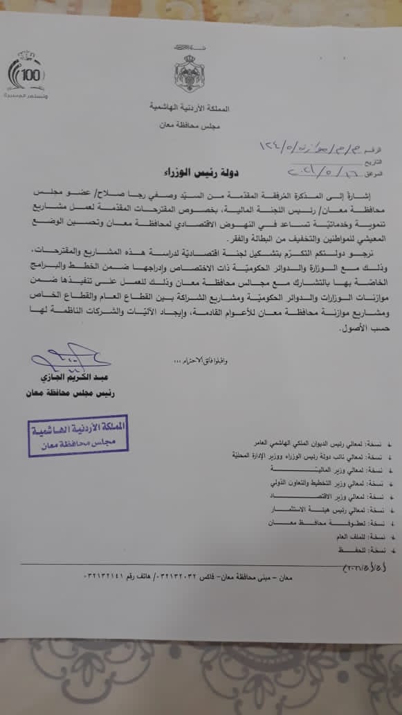 مجلس محافظة معان يخاطب رئيس الوزراء لتشكيل لجنة دراسة مشاريع تنموية واستثمارية 