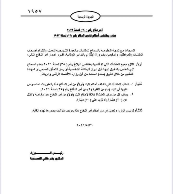 رئيس الوزراء الدكتور بشر الخصاونة يصدر البلاغ رقم (37) لسنة 2021