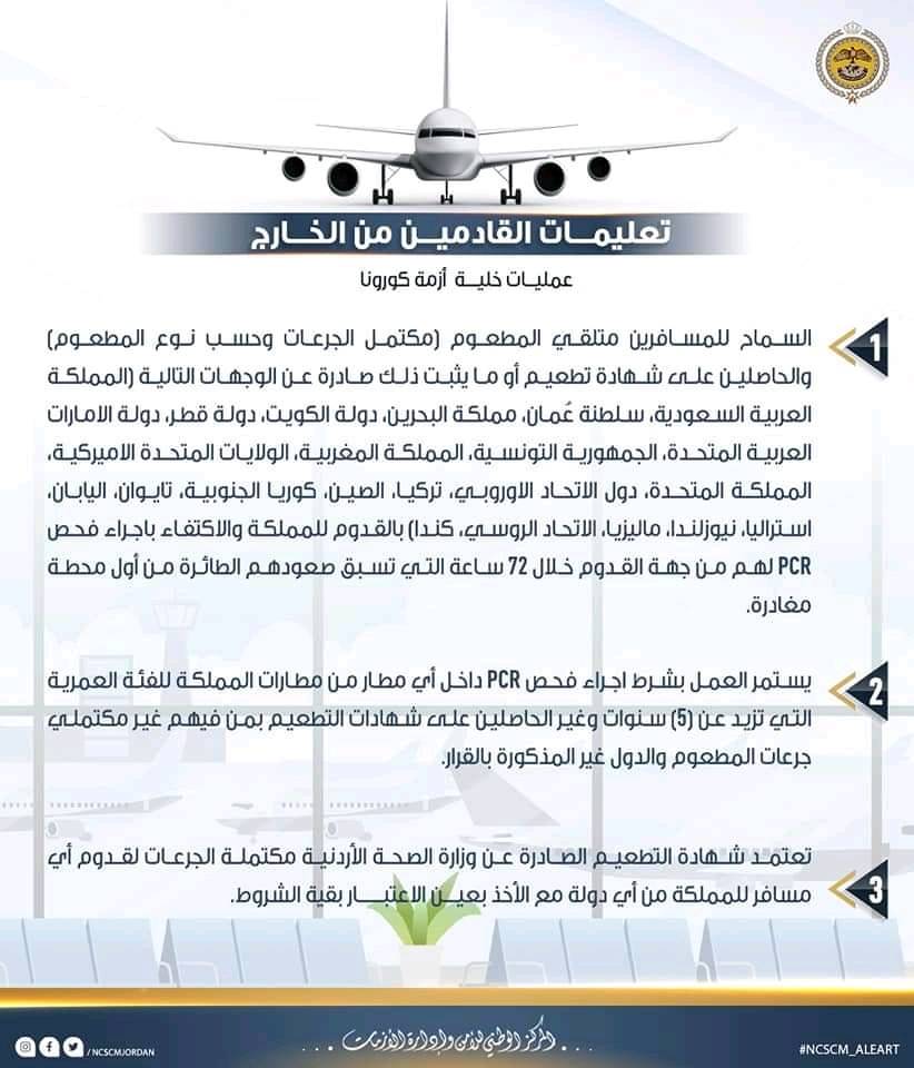 المركز الوطني للأمن وإدارة الأزمات يصدر التعليمات المحدثة للمسافرين القادمين والمغادرين للمملكة