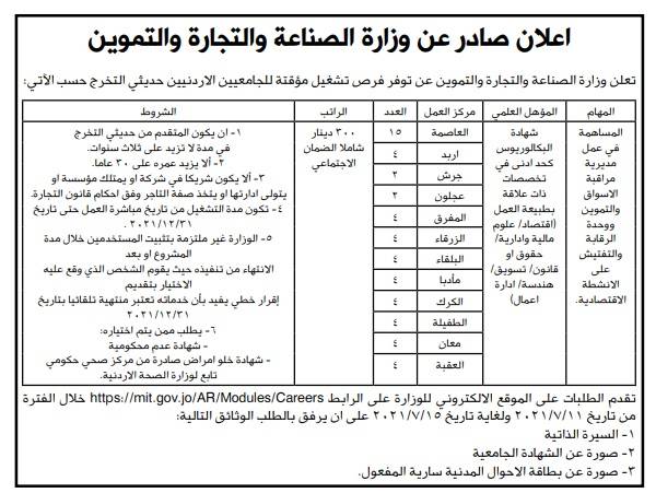 “الصناعة” تعلن عن توفر 55 فرصة تشغيل مؤقتة