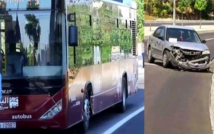 حادث تصادم بين إحدى حافلات الباص السريع ومركبة مخالفة داخل مسار الباص السريع