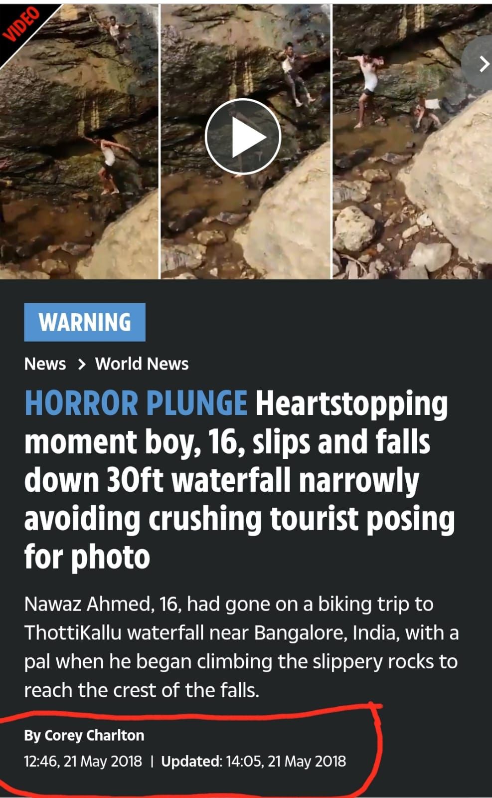 الامن العام : مقطع سقوط شخص من مقطع صخرى يجرى تداوله قديم وصور في دولة اسيوية 