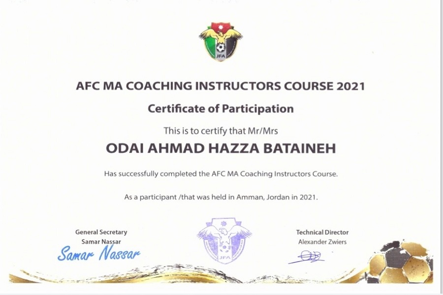 البطاينة من اليرموك يحصل على شهادة ورخصة محاضر آسيوي لكرة القدم ويحظى بلقب أصغر محاضر على مستوى آسيا 