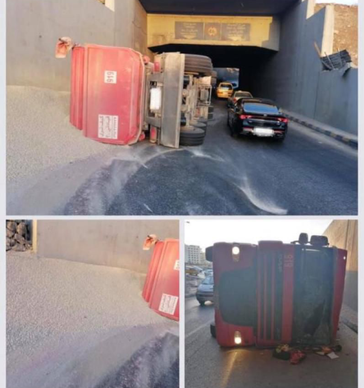 تدهور مركبة شحن يغلق نفق الملتقى (الدوار  الثامن )