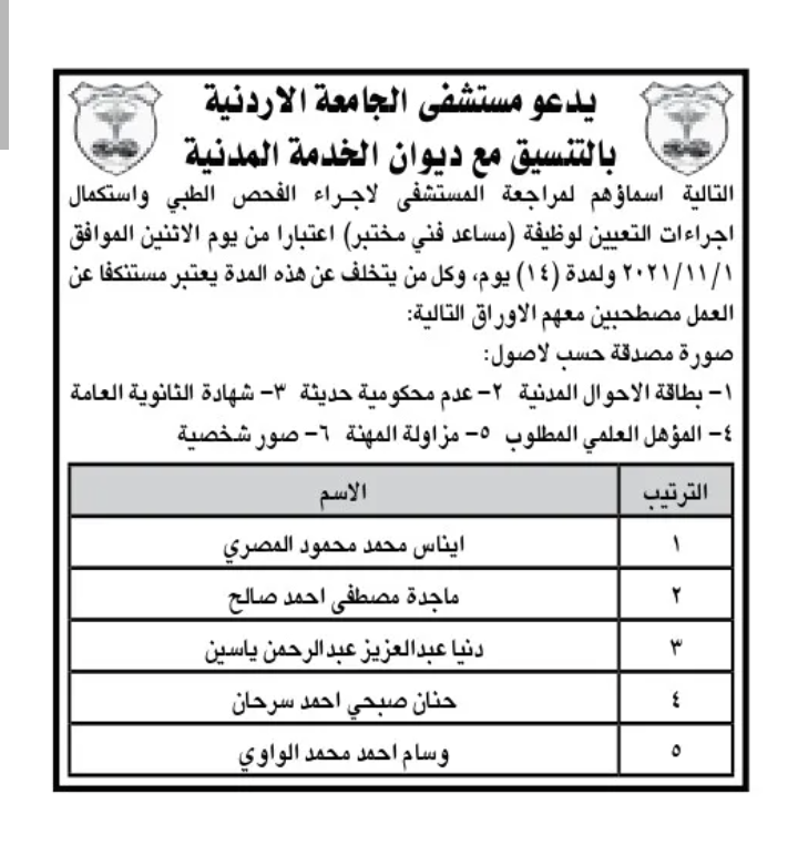 مستشفى الجامعة يدعو مرشحين لاستكمال إجراءات التعيين