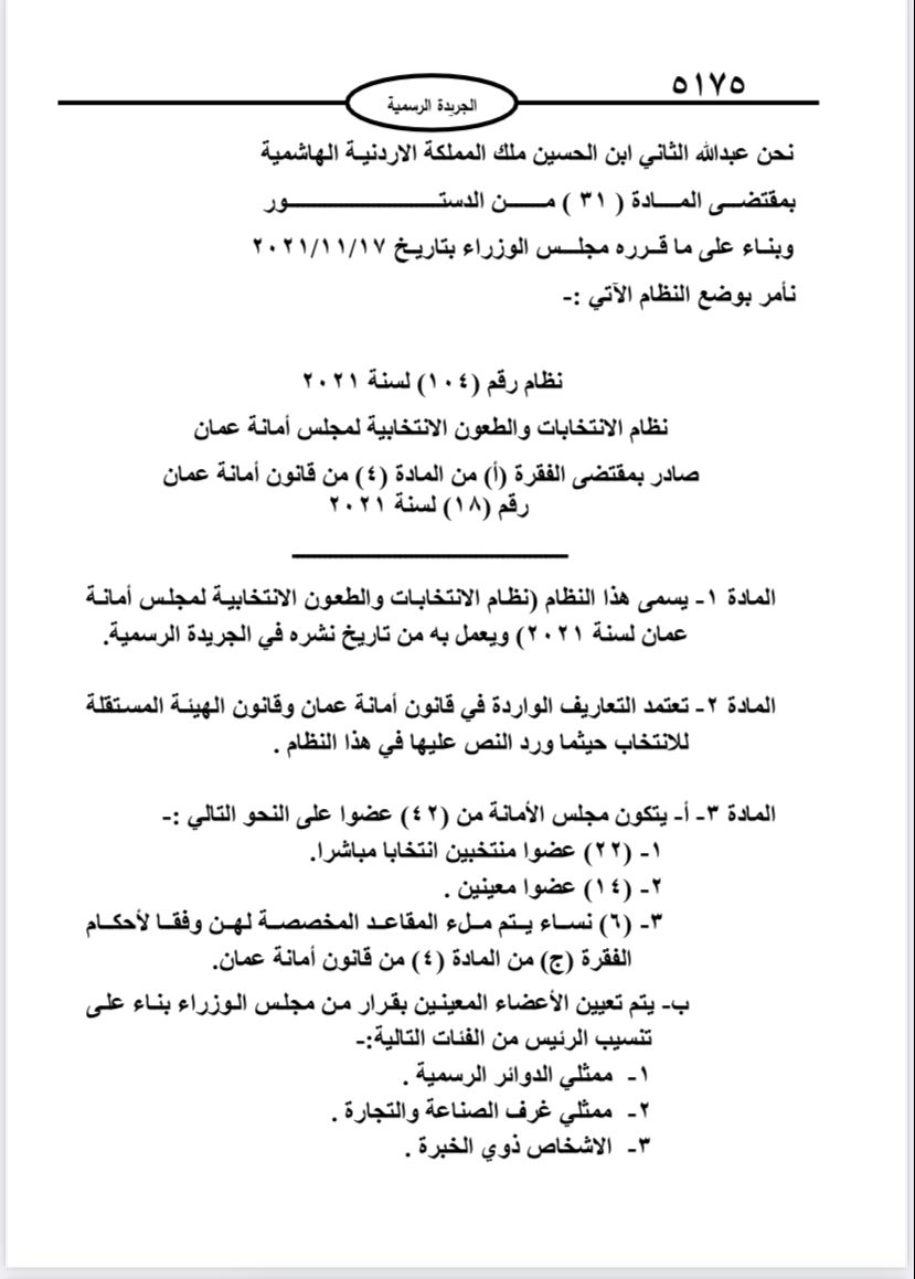 نظام الانتخابات والطعون الانتخابية لمجلس أمانة عمان … تفاصيل