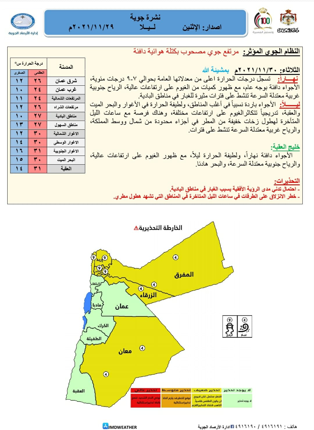 حالة الطقس ودرجات الحرارة ليوم الثلاثاء: 2021/11/30م