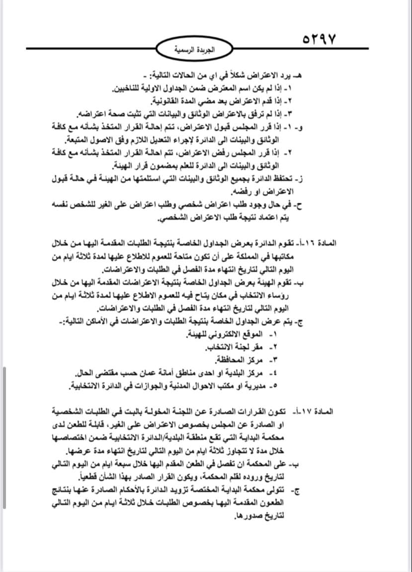  نشر تعليمات انتخابات مجالس المحافظات والبلديات وأمانة عمان في الجريدة الرسمية 