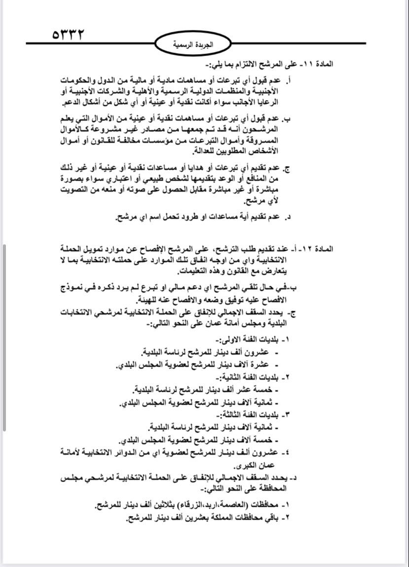  نشر تعليمات انتخابات مجالس المحافظات والبلديات وأمانة عمان في الجريدة الرسمية 