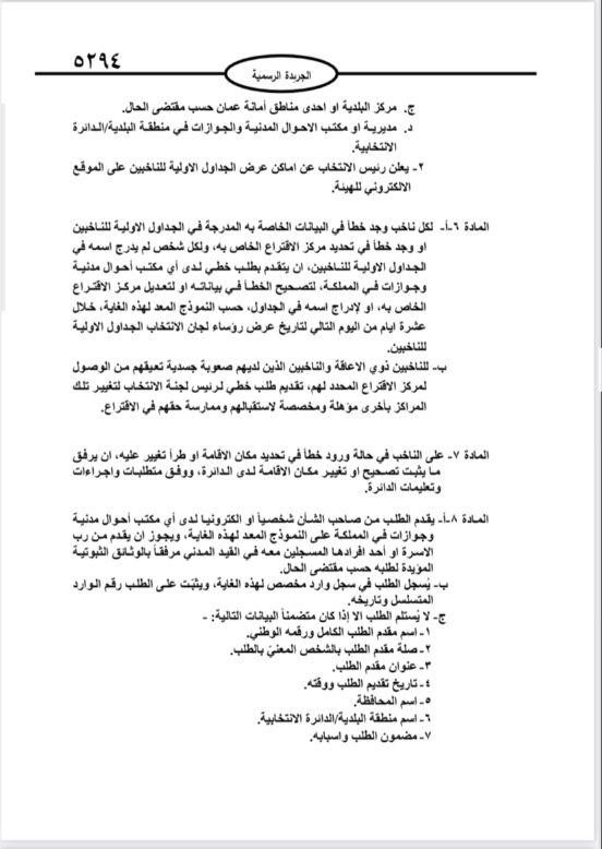  نشر تعليمات انتخابات مجالس المحافظات والبلديات وأمانة عمان في الجريدة الرسمية 