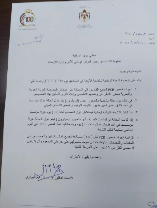 قرارات حول القدوم للأردن والحفلات والتجمعات