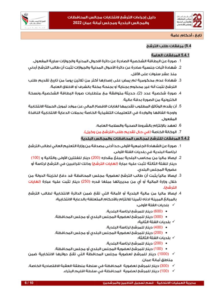 دليل إجراءات الترشح لانتخابات المحافظات والمجالس البلدية وأمانة عمان (تفاصيل)