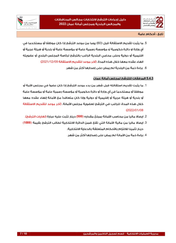 دليل إجراءات الترشح لانتخابات المحافظات والمجالس البلدية وأمانة عمان (تفاصيل)