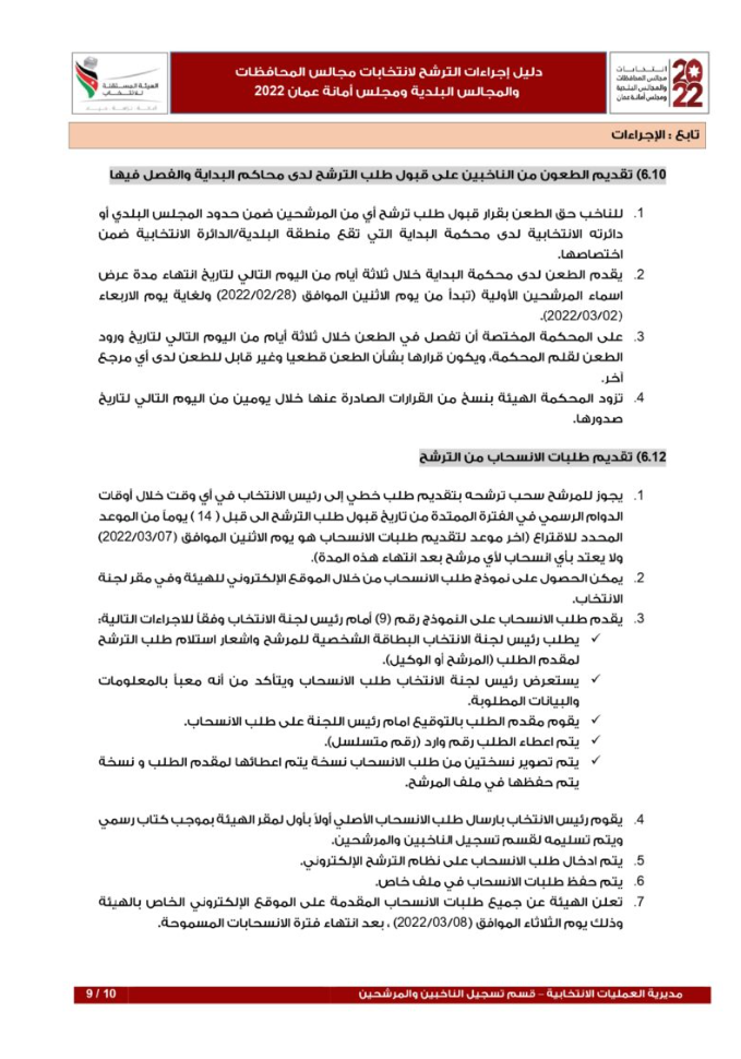 دليل إجراءات الترشح لانتخابات المحافظات والمجالس البلدية وأمانة عمان (تفاصيل)