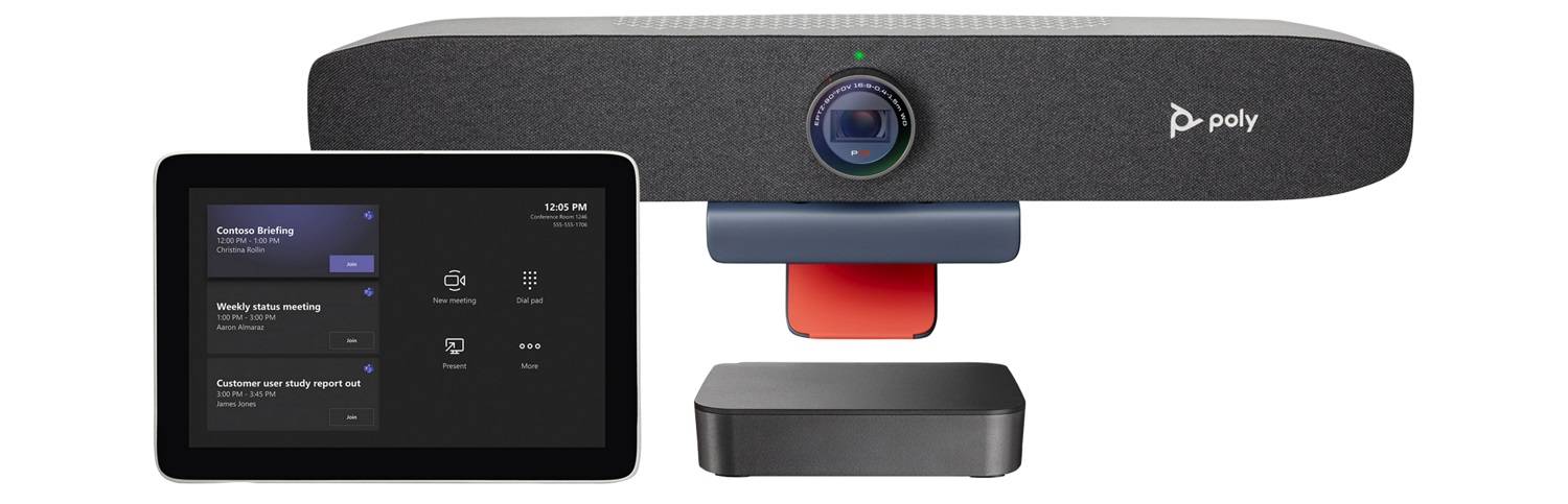 مجموعات الاستودیو من بولي وغرف مایكروسوفت تیمز تقدّم تجربة  استخدام متكافئة وسھلة تناسب نظم العمل المختلطة وأحجام الغرف المتنوعة